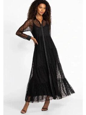 Johnny Was Mazzy Black Sheer Polka Dot Maxi Tiered Dress NWT Size XS